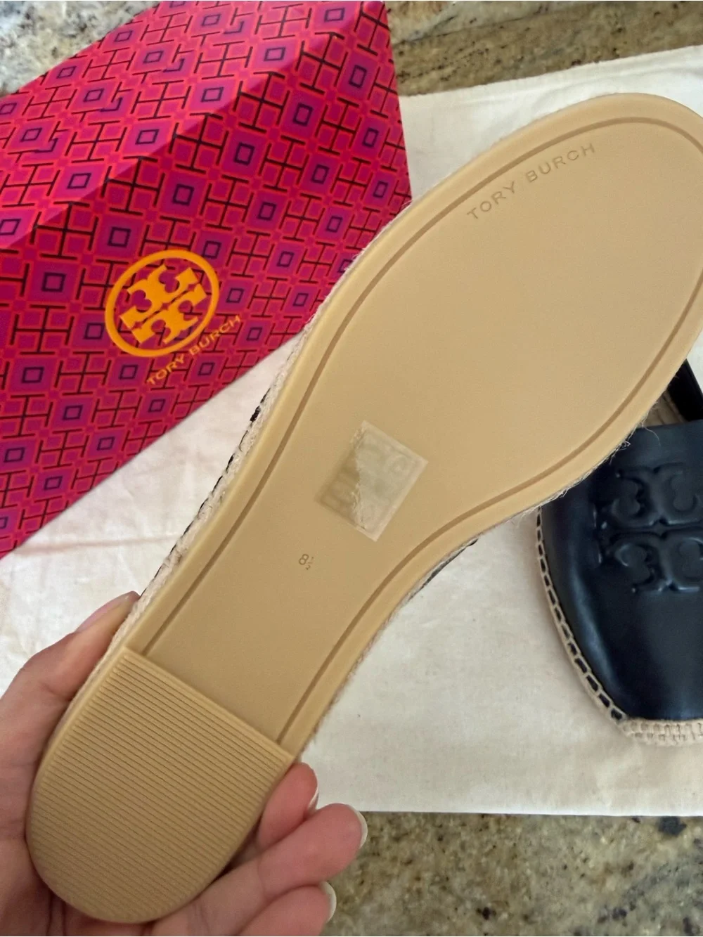 Tory Burch Black Leather Espadrille Flats with Braided Jute Trim